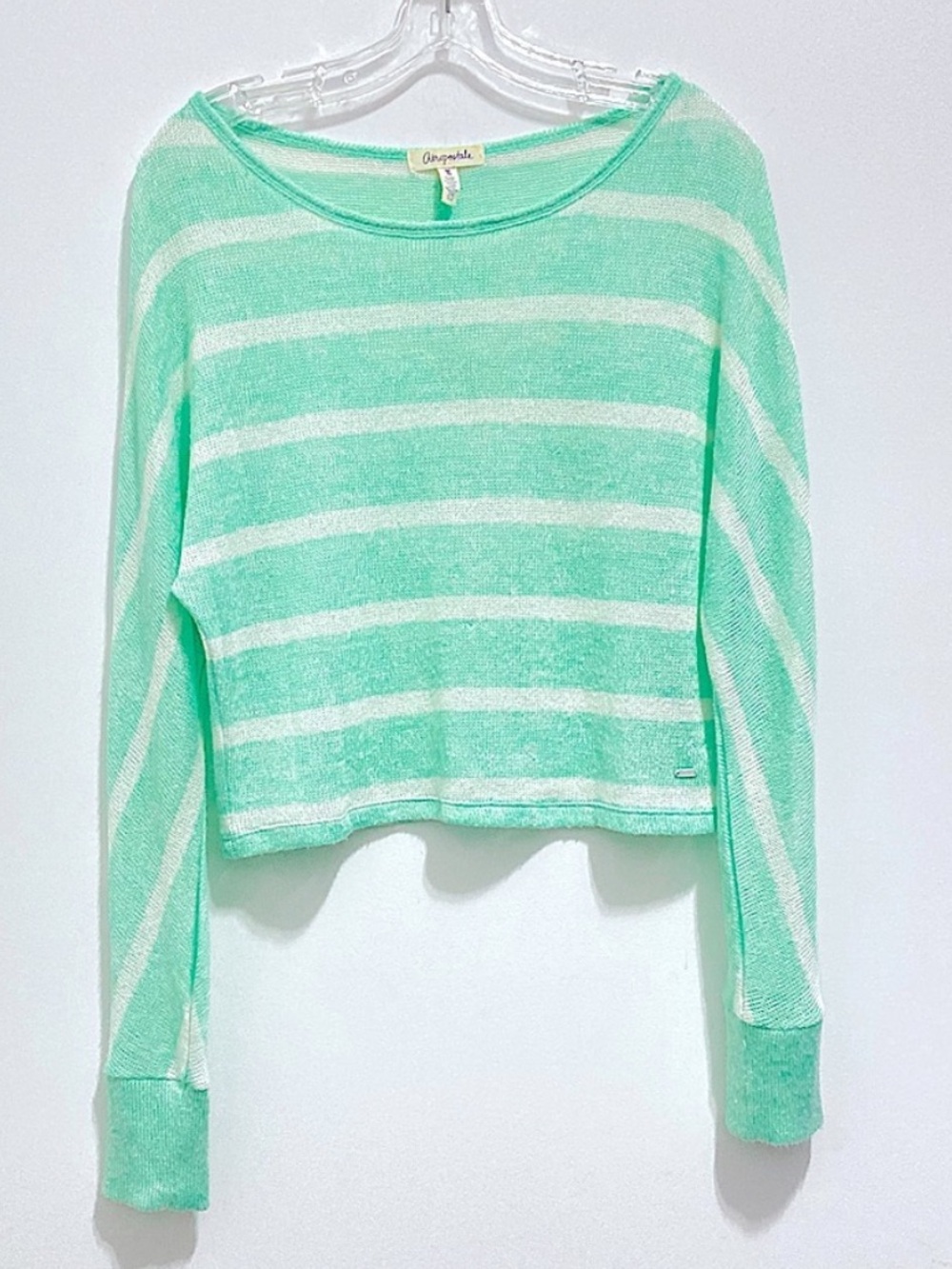 ♦️Aeropostale Women’s Long Sleeve Green & White Striped Knit Top